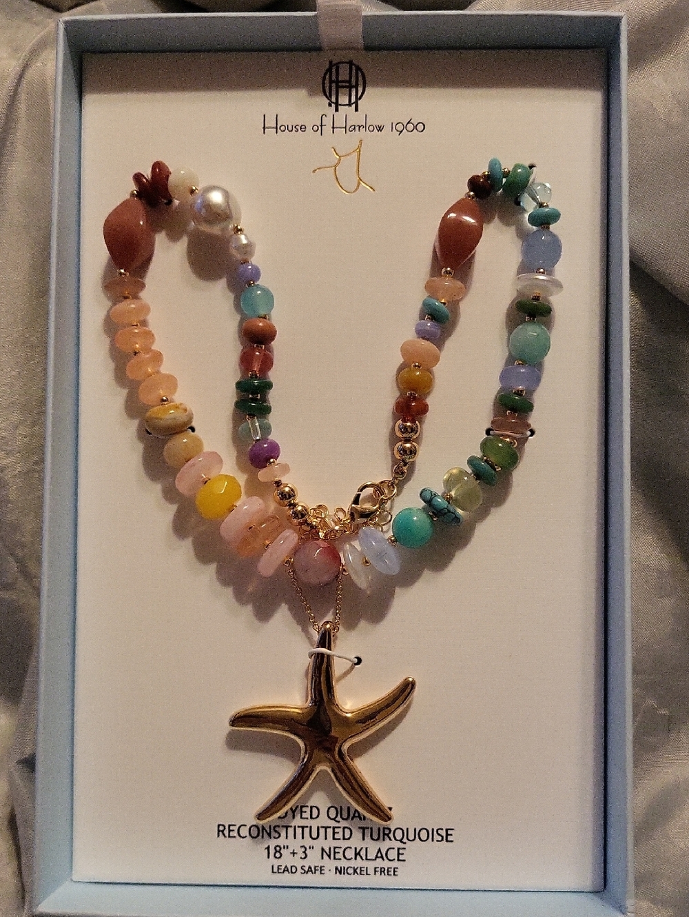 House of Harlow 1960 Multicolor Beaded Necklace with Gold Starfish Charm 18" +3"